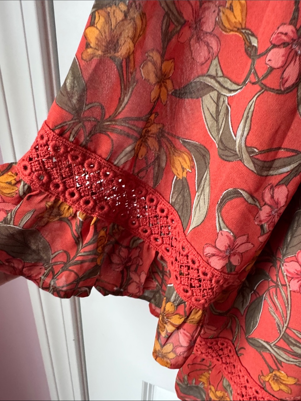 DR2 orange/red Floral V-Neck Crochet-Trim Tunic - Picture 4 of 6